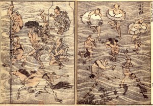 Hokusai Manga, Band 4, 1816, Bibiliothèque Nationale de France, Doppelseite mit Badenden 