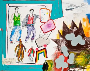 Tillmann Damrau; THE OVIDIANS / MOVIDORES, 2010, Mixed Media auf Leinwand, 150 x 190 cm 